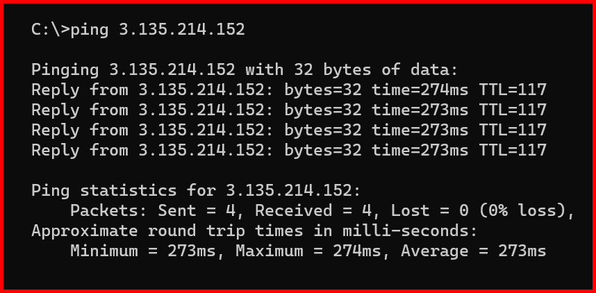 Picture showing pinging the EC2 instance from local machine